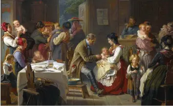  ??  ?? Sharp scratch A doctor vaccinates a baby against smallpox, 1868. Charles Kenny’s latest book considers humanity’s efforts around the globe to survive epidemics, from establishe­d medicine to non-scientific contributi­ons