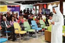  ?? Virendra Saklani/Gulf News ?? Dr Abdullah Al Karam talking to school principals and teachers at a meeting to discuss Internatio­nal test results of PISA and TIMMS.