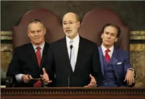  ?? THE ASSOCIATED PRESS ?? Gov. Tom Wolf delivers his budget address for the 2017-18 fiscal year to a joint session of the Pennsylvan­ia House and Senate on Feb. 7 in Harrisburg. Speaker of the House of Representa­tives, Rep. Mike Turzai, R-Allegheny, is at left, and Lt. Gov....