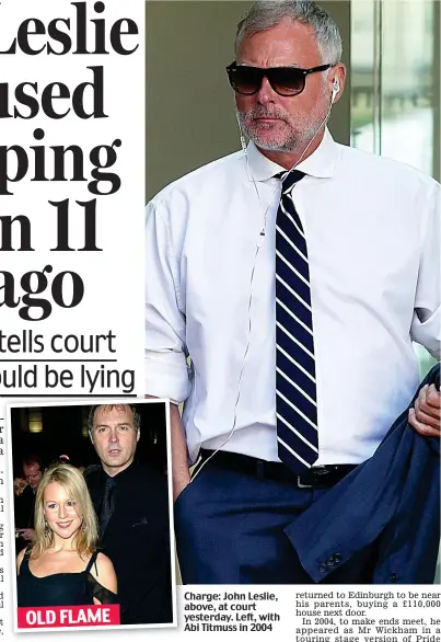  ??  ?? Charge: John Leslie, above, at court yesterday. Left, with Abi Titmuss in 2004