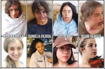  ?? (Arsen Ostrovsky/X) ?? FOUR YOUNG women hostages before and after their capture. exchange. While Carmel’s whereabout­s are unknown, some of the released hostages claim to have seen her.