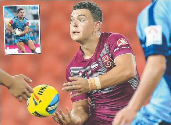  ?? Picture: SMP IMAGES/QRL MEDIA ?? Ash Taylor in action for the Queensland under-20s in 2015, and within a season the playmaker had jumped to the Titans (inset).