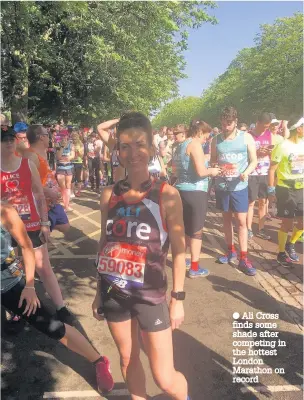  ?? Ali Cross finds some shade after competing in the hottest London Marathon on record ??