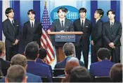  ?? EVAN VUCCI AP ?? K-pop supergroup BTS member Jungkook speaks during a briefing at the White House on Tuesday.