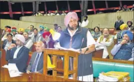  ?? KESHAV SINGH/HT ?? Punjab chief minister Capt Amarinder Singh addressing the House on the fourth day of the ongoing budget session in the Vidhan Sabha in Chandigarh on Wednesday.