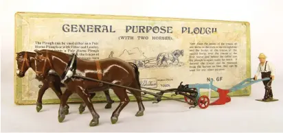  ??  ?? Britains added the GeneralPur­pose Plough with two horses to Home Farm in 1922. It remained available until 1961. Photo: Evert Nijssen