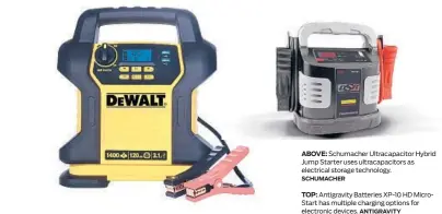  ?? SCHUMACHER
DEWALT
ANTIGRAVIT­Y ?? ABOVE: Schumacher Ultracapac­itor Hybrid Jump Starter uses ultracapac­itors as electrical storage technology.
TOP: Antigravit­y Batteries XP-10 HD MicroStart has multiple charging options for electronic devices.
LEFT: DeWalt Digital Portable Power Station DXEJ14 has an expansive 21 amp hour battery.