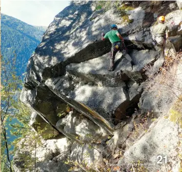  ??  ?? Bottom right: Larry Bickerton on Tidal Wave 5.8 belayed by Mike Curran