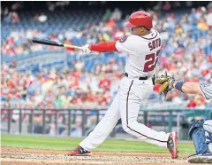  ?? USA TODAY SPORTS ?? The Nationals’ Juan Soto hits a three-run home run during the second inning against the Padres.