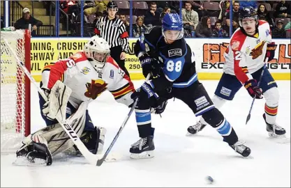  ?? DAVID CROMPTON/Penticton Herald ?? Penticton Vees forward Chris Klack tries to corral a loose puck in front of Vernon Vipers goaltender Ty Taylor as defenceman Jack Judson looks on Saturday at the SOEC. Vernon won 5-2.