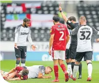  ??  ?? Former Rangers man Martyn Waghorn was sent off in Derby’s game with Nottingham Forest