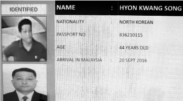  ??  ?? A photo shows Hyon Kwang-song identified as Second Secretary at the North Korean Embassy in Kuala Lumpur. — Bernama photo