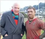  ??  ?? Sideline regular: Father Geoff Broad, here with former Marist St Pat’s hooker and captain Ged Robinson, was a keen rugby fan.