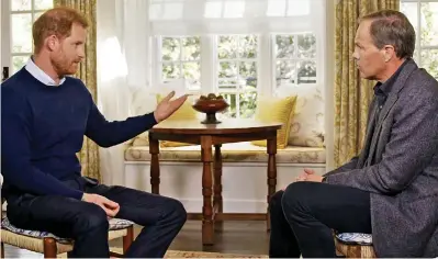  ?? ?? Opening up... again: Prince Harry is interviewe­d by Tom Bradby from ITV News in California