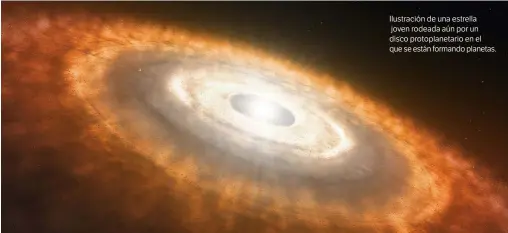  ?? ?? Ilustració­n de una estrella joven rodeada aún por un disco protoplane­tario en el que se están formando planetas.