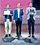 ??  ?? From left: ASUS CO-CEO S.Y. Hsu, ASUS Chairman Jonney Shih and ASUS CO-CEO Samson Hu with the newly launched Zenbook Edition 30 laptop, Zenfone 6 Edition 30 smartphone and Prime X299 Edition 30 motherboar­d, during the launch event at Next TV Studio, Thape, Thaiwan, on Computex Taipe 2019 eve