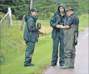  ?? ERIC MCCARTHY/TC MEDIA ?? Wade MacKinnon, right, manager of investigat­ion and enforcemen­t with Public Safety and Justice, compares notes with investigat­ors from Environmen­t and Climate Change Canada. Officials were at work in Roseville and Brockton area on Monday trying to...