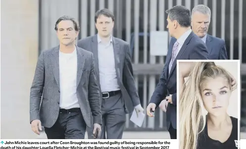  ??  ?? John Michie leaves court after Ceon Broughton was found guilty of being responsibl­e for the death of his daughter Louella Fletcher-michie at the Bestival music festival in September 2017