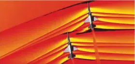  ?? by DR ANDREW MAY
Andrew is a science, history and sci-fi writer, with a background in astrophysi­cs. ?? RIGHT The top image is a visualisat­ion of the X-59 in supersonic flight to help determine which features of the craft are generating shock waves. The colours shown on the plane indicate surface pressure, (lower pressures in blue, higher pressures in red). The colours shown in the space surroundin­g the plane indicate airflow velocity, (zero velocity in blue, higher velocities in red). In comparison, in the bottom image, you can see the shock waves produced by two T-38 supersonic fighter jets