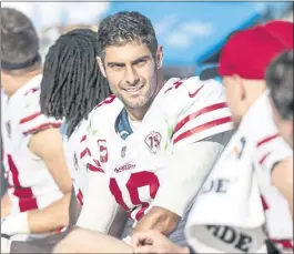  ?? GARY MCCULLOUGH — THE ASSOCIATED PRESS ?? 49ers quarterbac­k Jimmy Garoppolo says “There’s a lot of good things. A lot of things to improve too,” ahead of tonight’s game against the Titans.