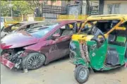  ?? MOHD ZAKIR/HT FILE PHOTO ?? A car and an auto which were involved in an accident in March in New Delhi. Data shows that India contribute­s 12% to global death toll in road accidents.