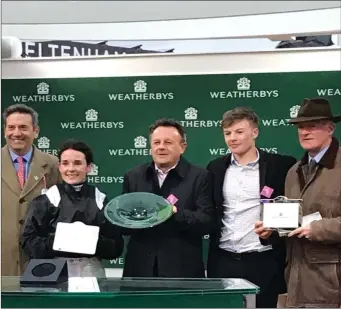  ??  ?? Paul McKeon (centre) pictured along with jockey Katie Walsh and trainer Willie Mullins (far right).