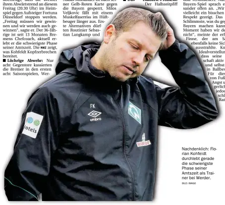  ?? BILD: IMAGO ?? Nachdenkli­ch: Florian Kohfeldt durchlebt gerade die schwierigs­te Phase seiner Amtszeit als Trainer bei Werder.