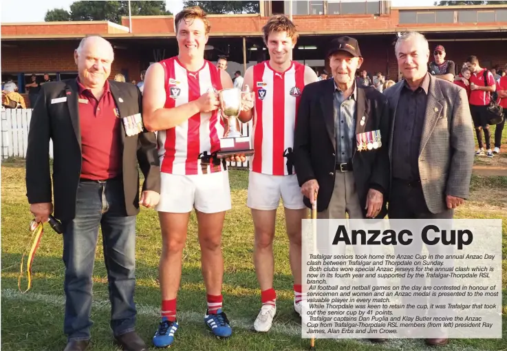  ??  ?? Trafalgar seniors took home the Anzac Cup in the annual Anzac Day clash between Trafalgar and Thorpdale on Sunday. Both clubs wore special Anzac jerseys for the annual clash which is now in its fourth year and supported by the Trafalgar-Thorpdale RSL...