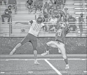  ?? GREG Davis/special to The Saline Courier ?? Bryant freshman Mytorian Singleton catches a pass in a game earlier this season. Singleton scored two touchdowns in a 35-0 win over North Little Rock on the road this past Thursday.