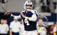  ?? Tony Gutierrez/Associated Press ?? Cowboys QB Dak Prescott (4) has completed 71.9 percent of his passes since his return.