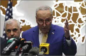  ?? (AP/Mykola Tys) ?? Senate Majority Leader Charles Schumer, D-N.Y., conducts a news conference in Lviv, Ukraine, on Friday.