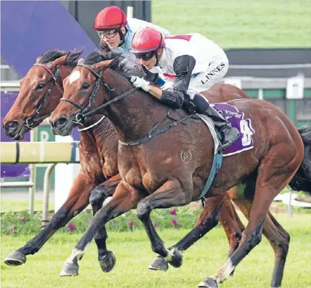  ?? Photo: Phil Doyle/fairfax NZ ?? Misstrum, outer, ridden by Leith Innes, on her way to victory in the Great Northern Foal Stakes.