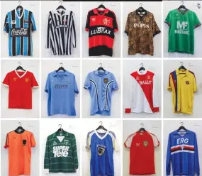  ??  ?? FOOTBALL SHIRTS at an exhibition entitled The Art of the Football Shirt include: (top L-R) Gremio 1991-1992, Juventus 1981, Flamengo 1985-87, Hull City 1994, St. Etienne 1976, (middle L-R) Liverpool 1976-1982, Napoli 1989-90, Coventry City 1978-1980,...