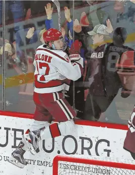  ?? STAFF FILE PHOTO BY STUART CAHILL ?? THREE FOR ALL: Sean Malone, shown celebratin­g a goal against Union in February, potted a hat trick to help push Harvard into the ECAC championsh­ip game.