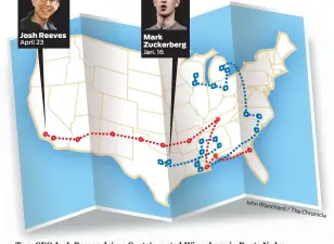  ??  ?? Mark Zuckerberg Top: CEO Josh Reeves drives Gusto’s rented Winnebago in Ponte Vedra Beach, Fla. Above: Places he and Facebook CEO Mark Zuckerberg visited. Jan. 16