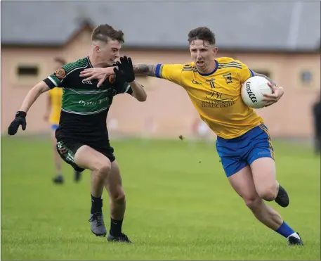  ?? Photo by Domnick Walsh ?? Ballymacel­ligott’s Vinny Horan, right, tried to get past the challenge of Cian Donnellan, Churchill, during their County Junior Premier Club Championsh­ip Round 1 Group 2 match at St Pats Blennervil­le last Saturday.