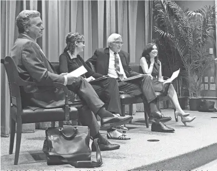  ??  ?? From left, John Seigenthal­er moderates a panel on Medicaid expansion on Thursday, June 28, featuring April Grady, Andy Schneider and Barbara Smith. NATALIE ALLISON / THE TENNESSEAN