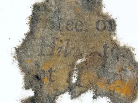  ?? SPECIAL TO THE EXAMINER ?? A tiny piece of printed paper found in a cannon aboard the sunken Queen Anne's Revenge has proven to be from an 18th-century book on nautical voyages. The find indicates the pirates aboard Blackbeard's flagship enjoyed having something to read.