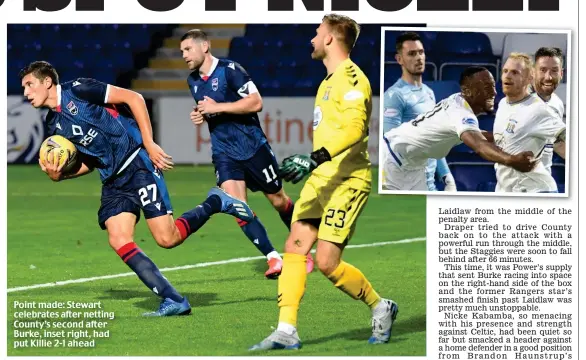  ??  ?? Point made: Stewart celebrates after netting County’s second after Burke, inset right, had put Killie 2-1 ahead