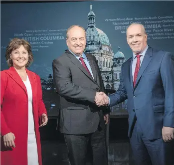  ?? BC BROADCAST CONSORTIUM ?? The Green party, led by Andrew Weaver, centre, may have changed the dynamics of the right-left factions of B.C. politics, represente­d by Liberal Christy Clark, and NDP Leader John Horgan.