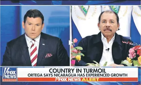  ??  ?? ► El conductor de Fox News, Bret Baier, y Daniel Ortega en la entrevista transmitid­a ayer por la cadena.