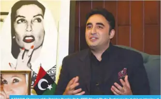  ?? —AFP ?? KARACHI: Chairman of the Pakistan Peoples Party (PPP) Bilawal Bhutto Zardari speaks during an interview at his home in Karachi.