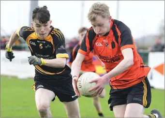  ??  ?? Jack Curtin darts in along the end line to shoot Boherbue Comprehens­ive School’s only goal in the All-Ireland Colleges SFC ‘D’ Final in Newbridge. Photos by John Tarrant