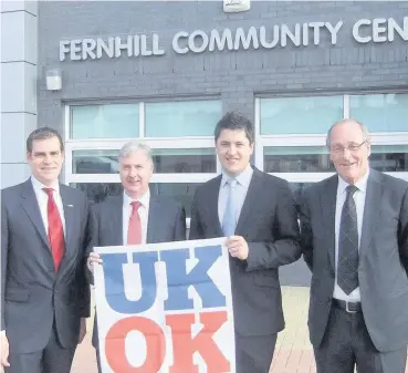  ??  ?? Working together Tom Greatrex MP, James Kelly MSP, and councillor­s Ged Killen and Brian McKenna, campaignin­g in Fernhill for Better Together