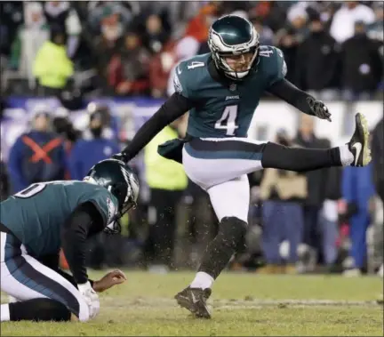  ?? MICHAEL PEREZ — THE ASSOCIATED PRESS ?? Eagles kicker Jake Elliott, here booting a field goal in a divisional round playoff game against Atlanta two weeks ago, may not have the look of a great athlete, but he certainly has the resume to make a great case for it.