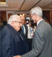  ??  ?? Minister of External Affairs S Jaishankar greets former US secretary of state Henry Kissinger at second annual India Leadership Summit hosted by US India Strategic and Partnershi­p Forum (USISPF) with the theme 'Partners of Growth' in New Delhi, Monday