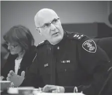  ?? DAX MELMER ?? Windsor police Chief Al Frederick talks about the effects of an increased police presence downtown during a Windsor Police Service Board meeting at police headquarte­rs on Thursday.