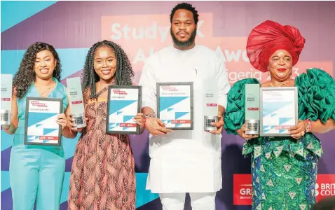  ?? ?? Winner, Social Action Category, Cassandra Akinde ( left); Winner, Culture and Creativity, Faith Agboola; Winner, Business and Innovation, Chidumaga Unachukwu and the representa­tive of winner, Science and Sustainabi­lity, Cynthia Uchendu during the 2023/ 2024 British Council Study in UK Alumni Awards in Lagos.