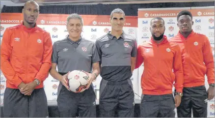  ?? THE CANADIAN PRESS ?? Captain Atiba Hutchinson, from left, coach Octavio Zambrano, assistant coach Paul Stalteri, Junior Hoilett and Alphonso Davies attend a Canada Soccer Associatio­n news conference in Toronto, Thursday, ahead of Saturday’s friendly with Jamaica at BMO Field.