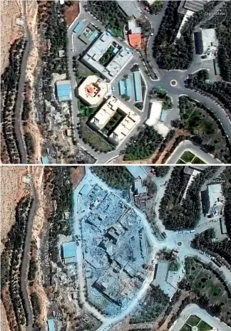  ?? PHOTOS: AP ?? This combinatio­n of satellite images provided by DigitalGlo­be, a Maxar company, shows the Barzah Research and Developmen­t Centre in Syria last Friday, top, and on Sunday. The US, France and Britain launched missiles at Syrian military targets in...